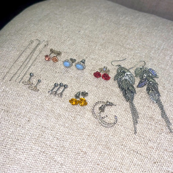 Bundle Silver Tone Stud Hoop Dangle Earrings Rose Screw Back Threaded Leaves - Picture 5 of 5